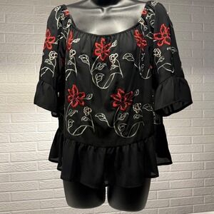 Candies Women's Black‎ Floral Embroidered Ruffle Top Square Neck Blouse